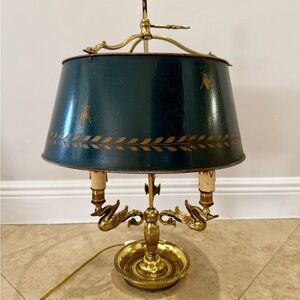 Vintage French Bird Motif Green and Gold Bronze Table Lamp